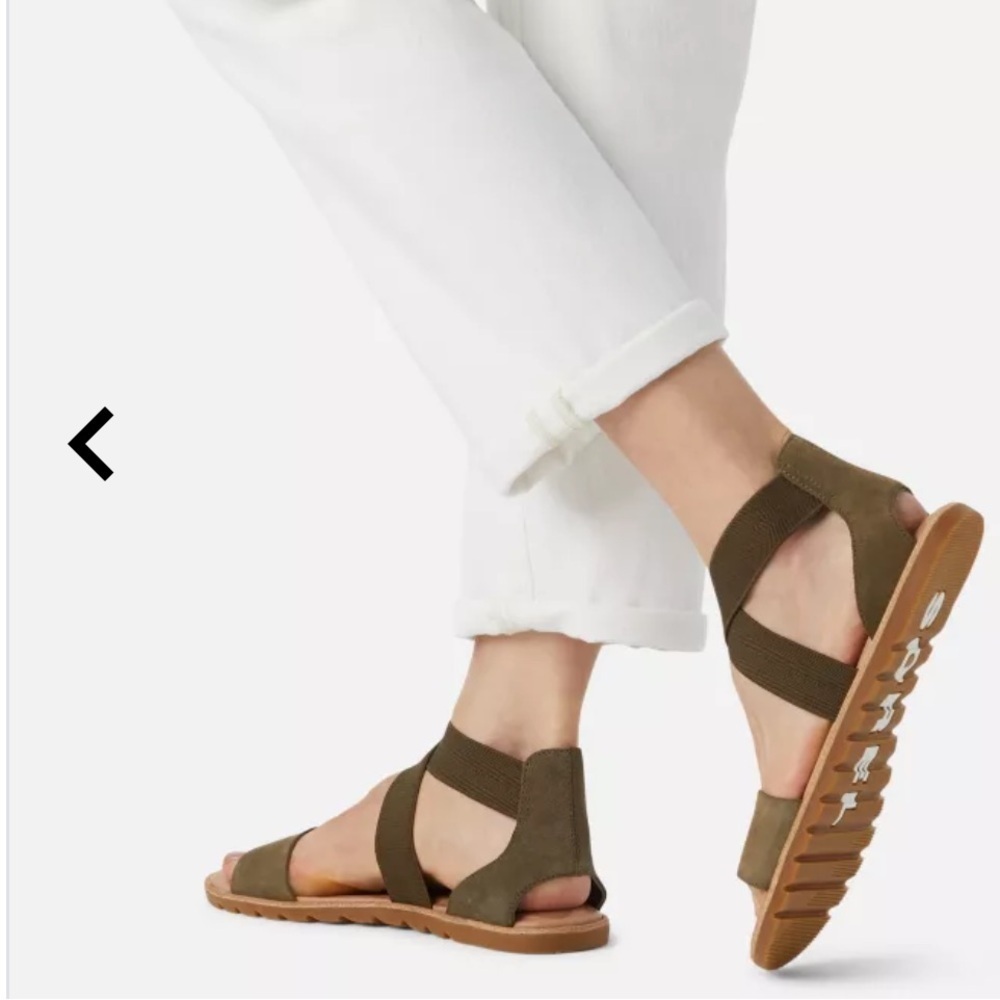 Sorel Ella ll Olive Green Suede Flat Sandals - Picture 2 of 12